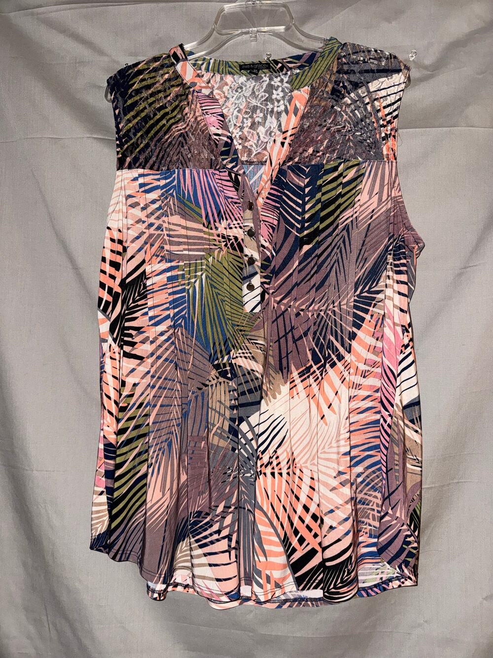 Ava & Grace 3X Tropical Palm Leaf Print Sleeveless Blouse Multicolor, Size 3X